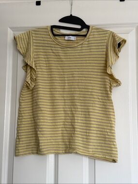 Closed Yellow and Gray Striped Ruffle Sleeve Tee